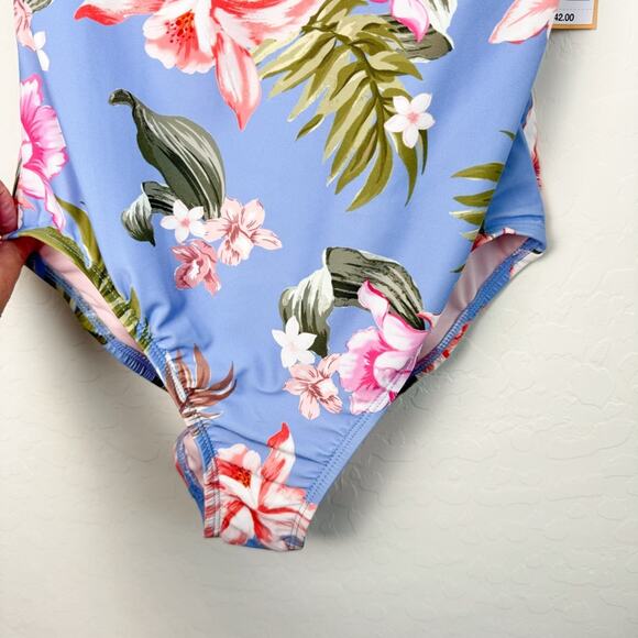 Kona Sol Floral One Piece Swimsuit Blue Pink Ruffle NWT Large - Picture 4 of 12